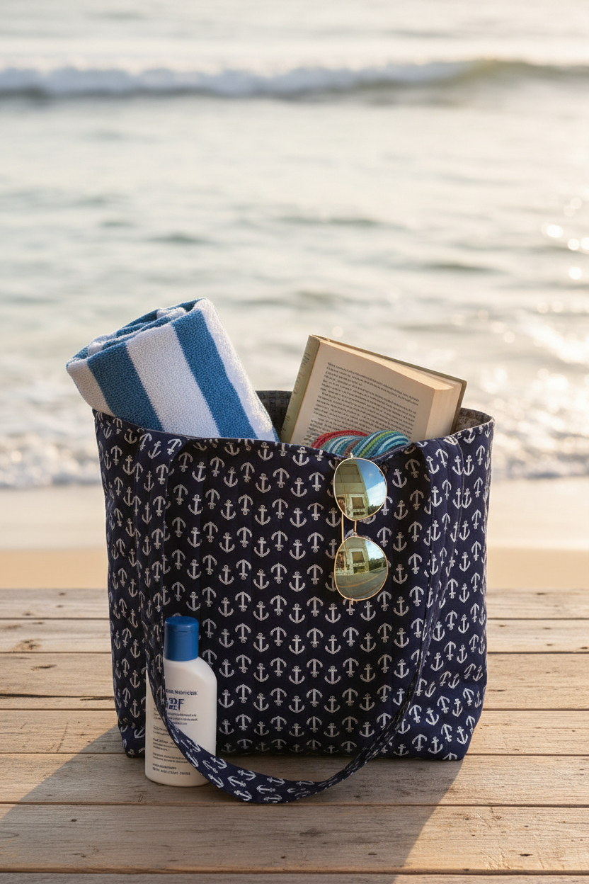 Hand-quilted navy anchor tote bag packed with beach essentials on a coastal dock