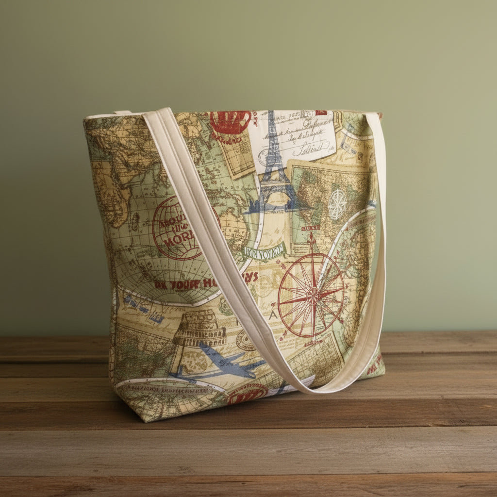Handmade Quilted Travel Tote Bag – Cotton Travel Motif Print | Carry-On Gift for Travelers, 13"x5"x13"