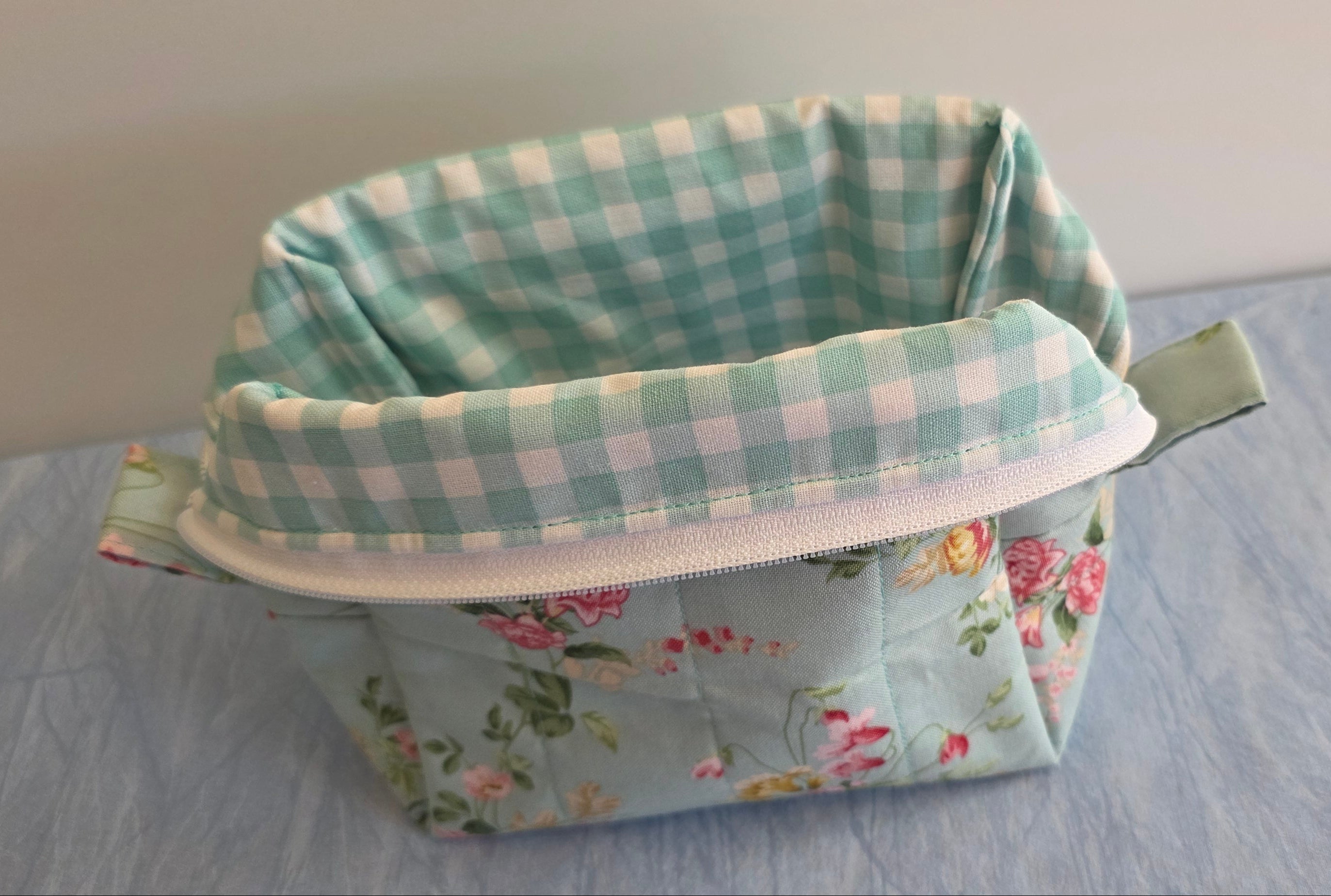 Handmade Mini Cosmetic Bag – Blue Floral with Green Gingham Lining | Gift for Her, 6"x3"x5"