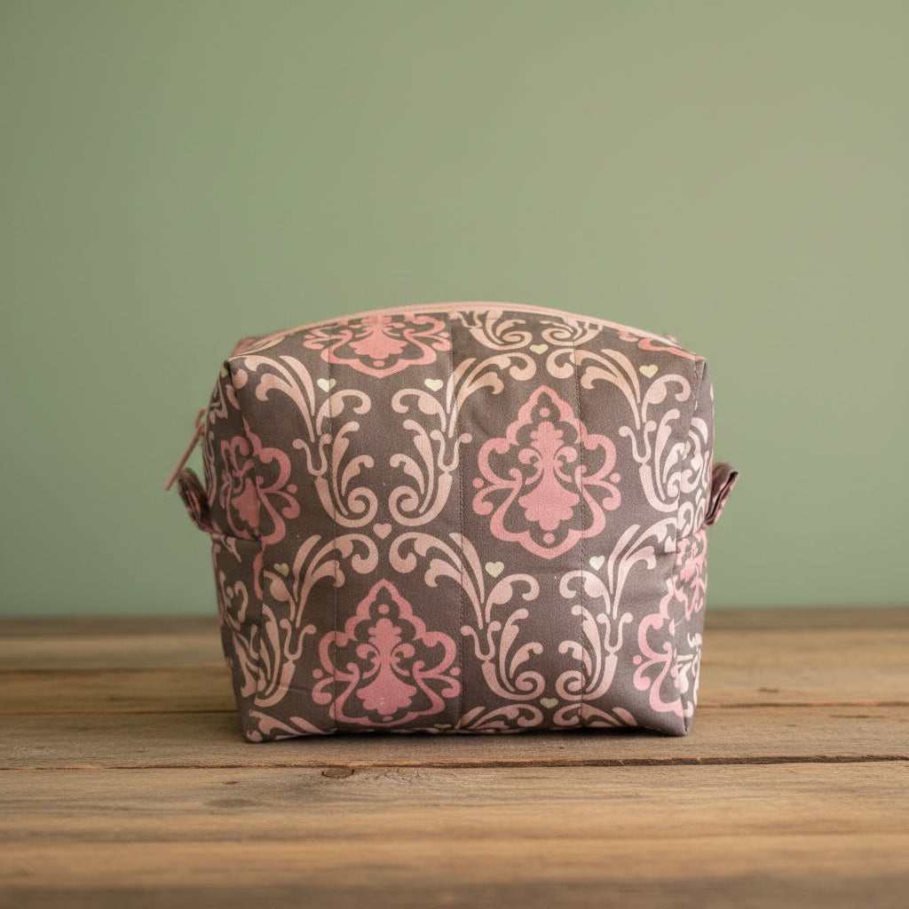 Handmade Mini Cosmetic Bag – Gray with White Hearts & Pink Lining | Sweet Gift for Her, 6"x3"x5"