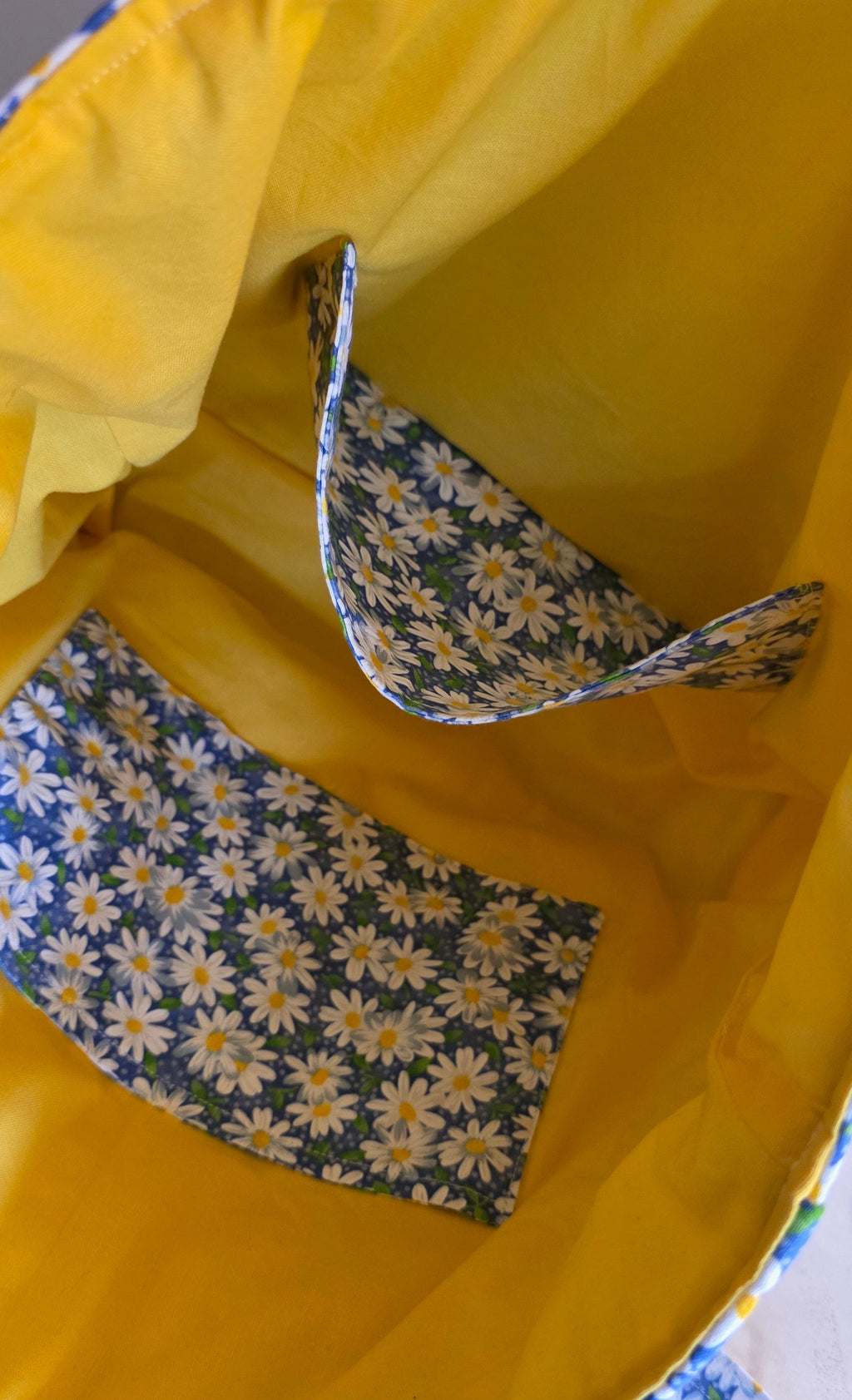 Hand-Quilted Daisy Tote Bag – Blue Floral Cotton | Handmade Gift for Gardeners, 12"x5.5"x12"