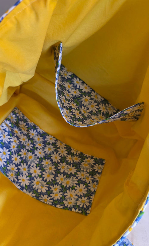 Hand-Quilted Daisy Tote Bag – Blue Floral Cotton | Handmade Gift for Gardeners, 12"x5.5"x12"