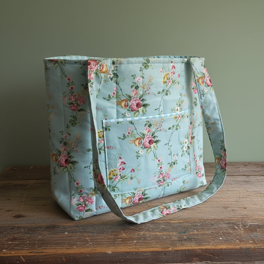 Hand-Quilted Flower Garden Tote Bag – Delicate Blue Floral | Handmade Boho Bag, 13"x5"x12.5"