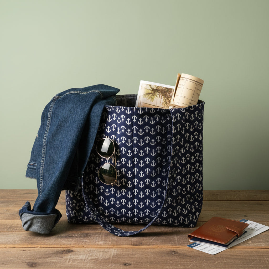 Hand-Quilted Nautical Tote Bag – Navy Anchor Print | Beach Bag Handmade Gift, 12"x6"x12"