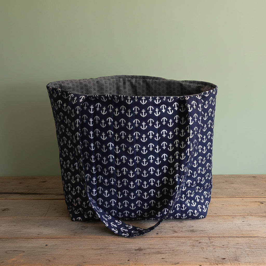Hand-Quilted Nautical Tote Bag – Navy Anchor Print | Beach Bag Handmade Gift, 12"x6"x12"
