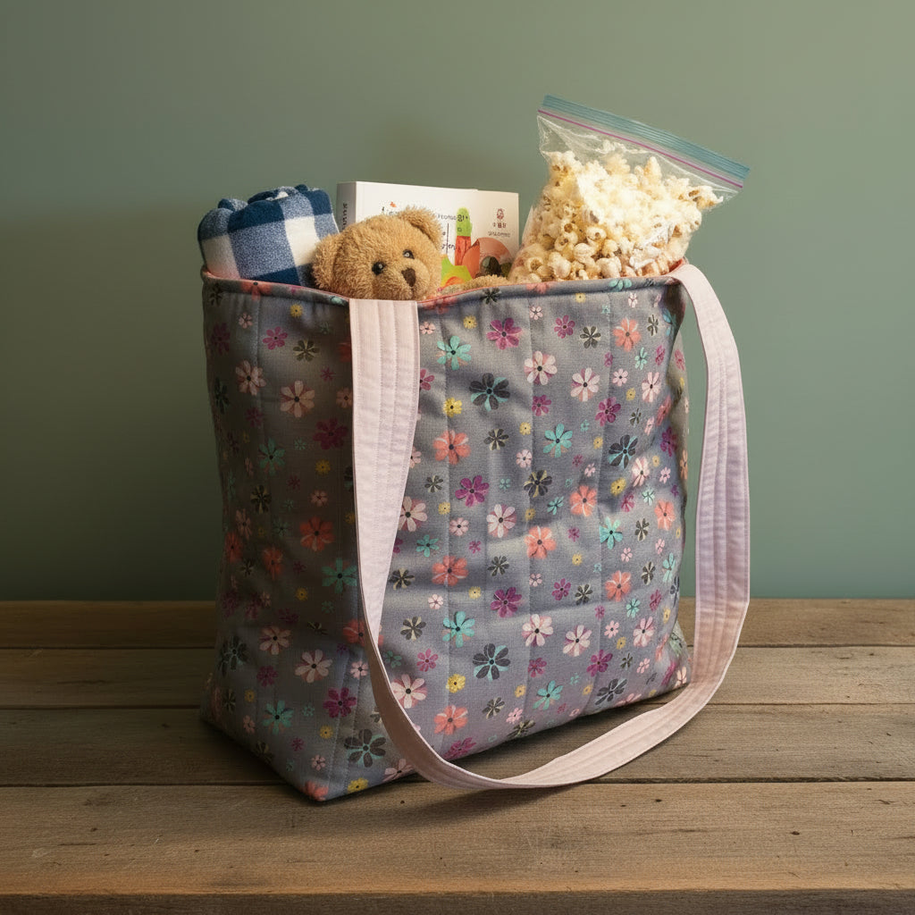 Handmade Quilted Tote Bag – Gray Multicolor Floral | Artisan Cotton Bag, 12"x6"x11.5"