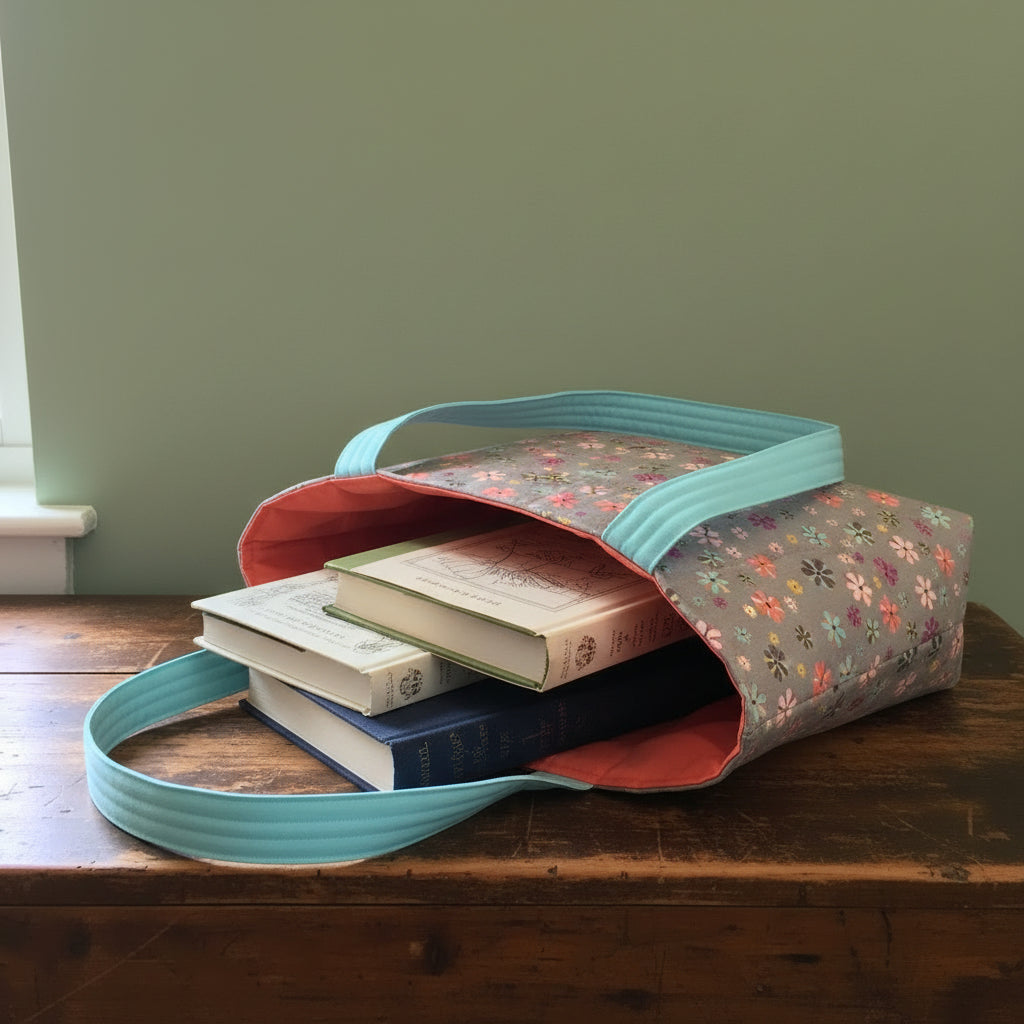 Handmade Quilted Tote Bag – Gray Multicolor Floral | Artisan Cotton Bag, 12"x6"x11.5"