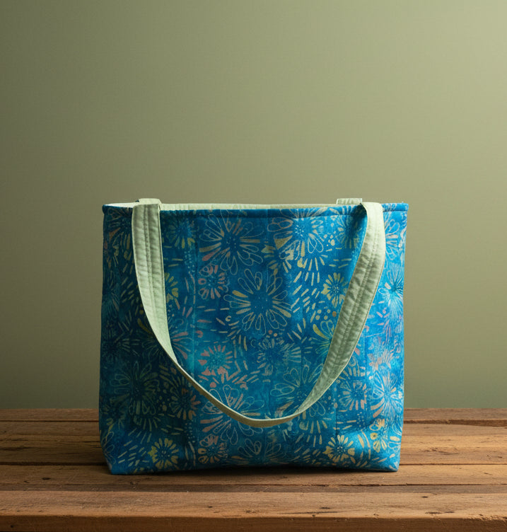 A blue fabric with slashes of light and light pink patterned tote bag with light green handles, sitting on a rustic board
