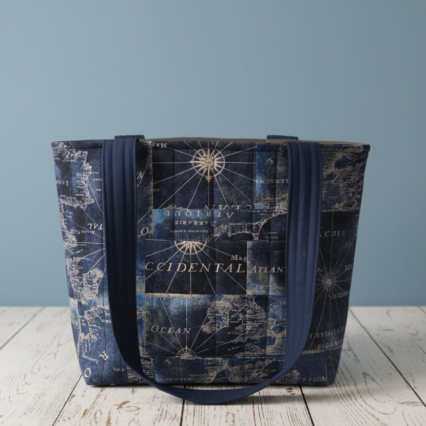 Hand quilted Navy Blue Map Tote Bag