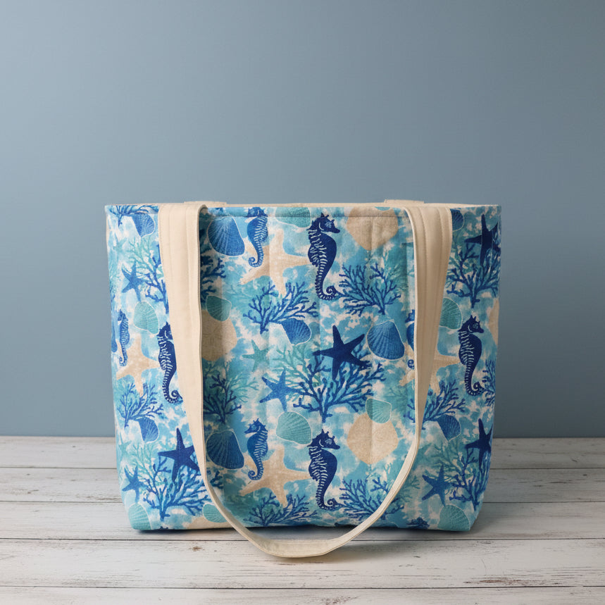 Handmade Quilted tote - Light Blue Coral