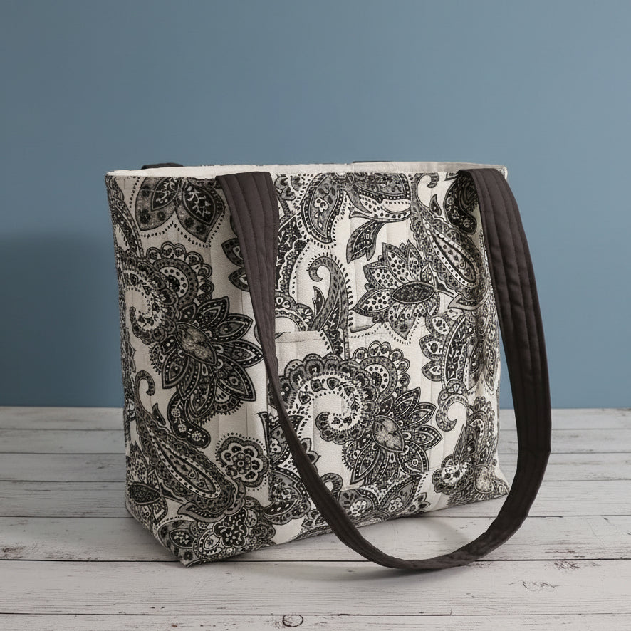 Hand Quilted Tote Bag - White and Gray Floral Print