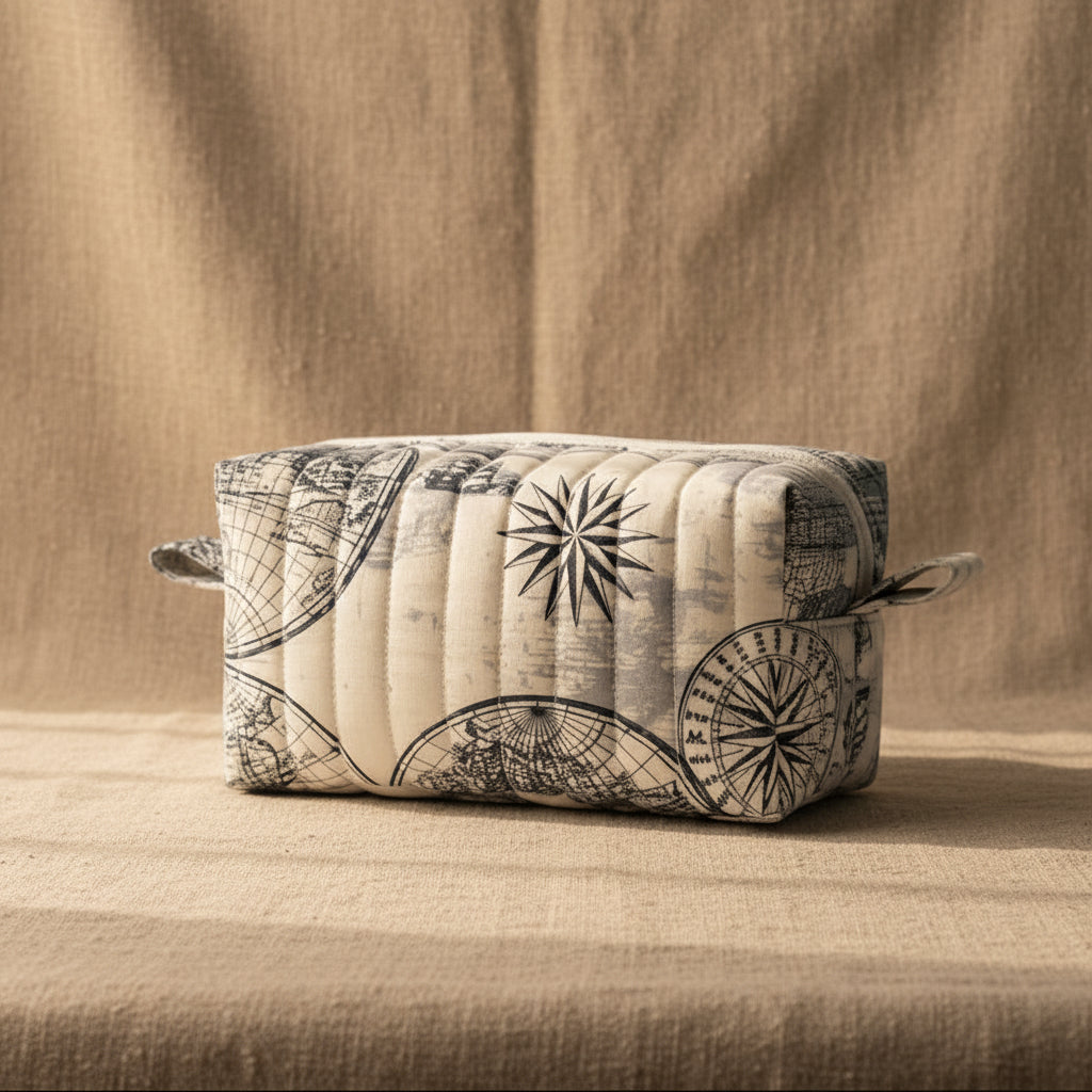 Handmade quilted mini cosmetic bag with navy world map print