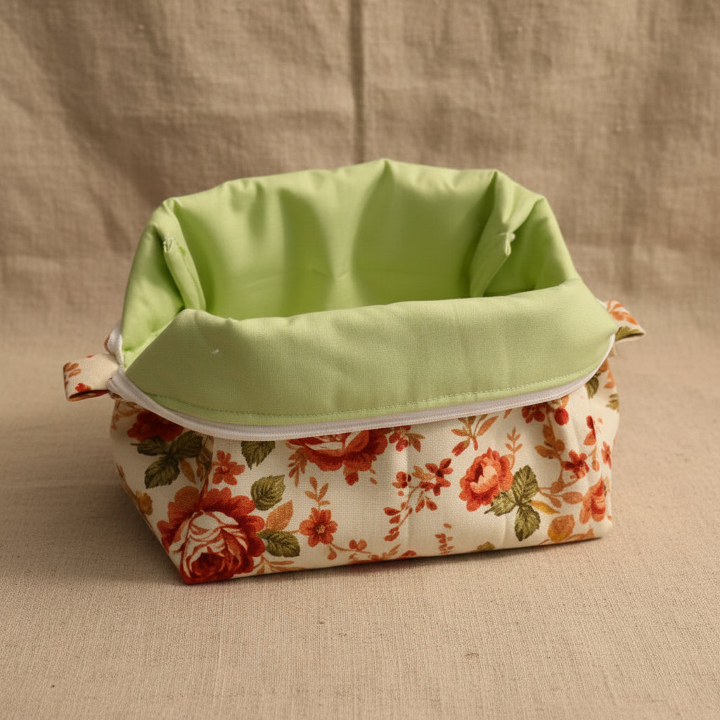 Close-up of white zipper and lime green interior lining in quilted bag