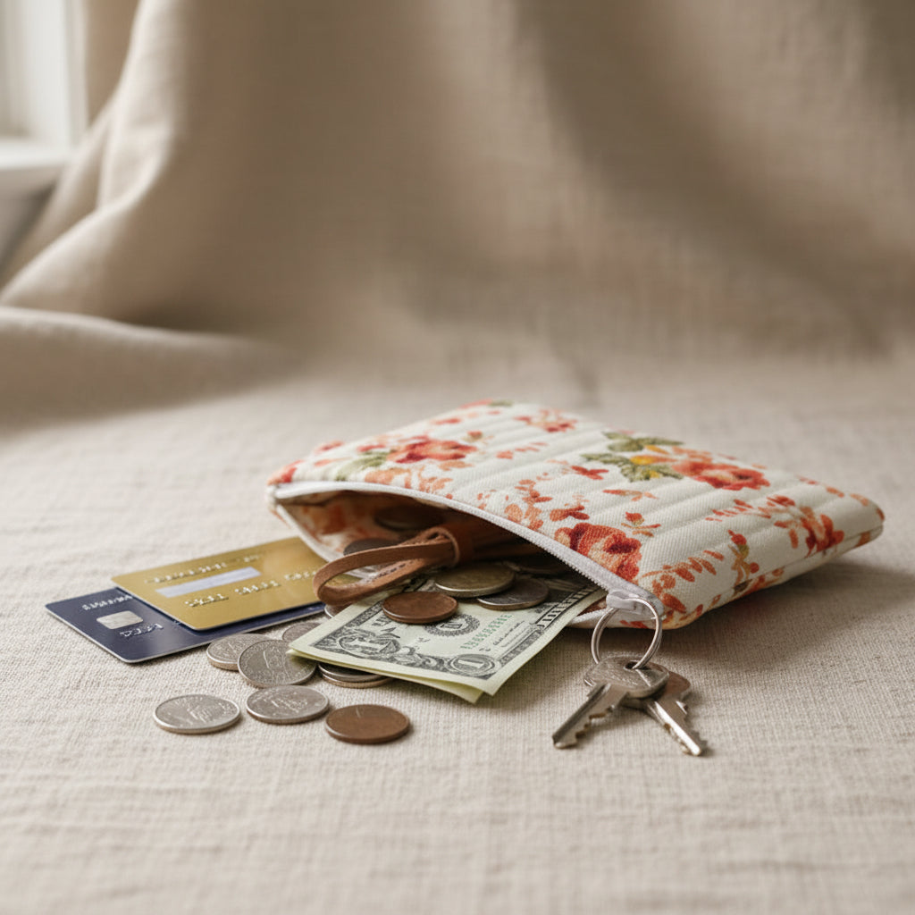 Floral coin pouch holding coins, keys, and cards on beige linen