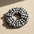 Black gingham cotton handmade scrunchie flat lay