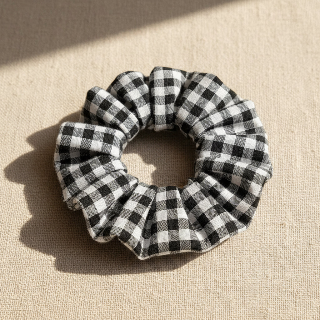Black gingham cotton handmade scrunchie flat lay