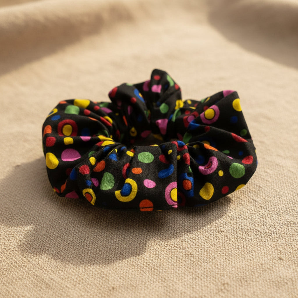 Dotted Rainbow handmade cotton scrunchie with colorful dot print