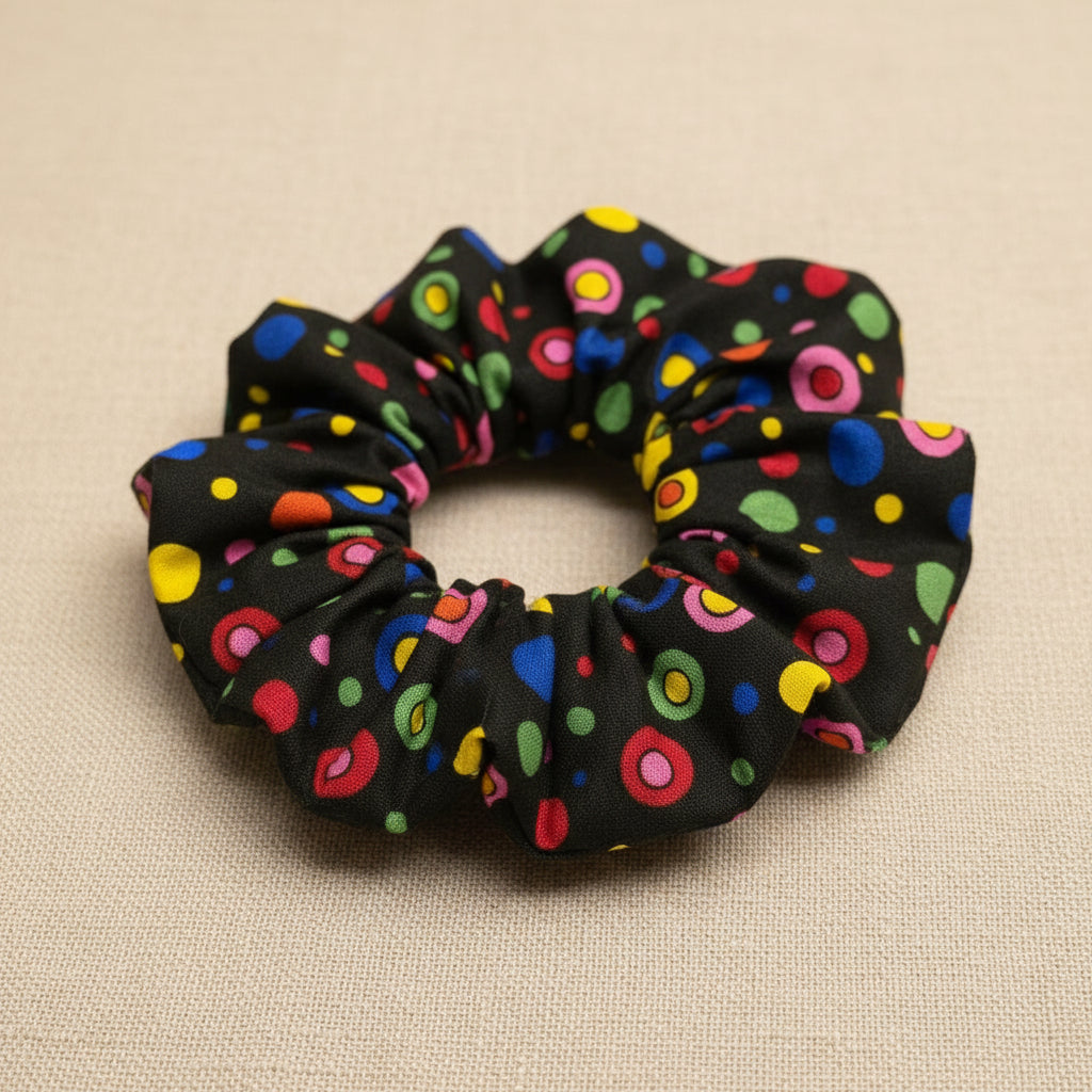 Close-up of vibrant multicolored dot pattern on black scrunchie