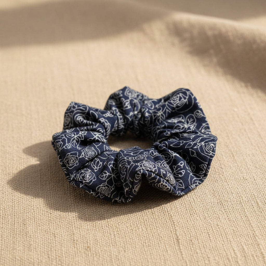 Navy Rose handmade cotton scrunchie with white floral print