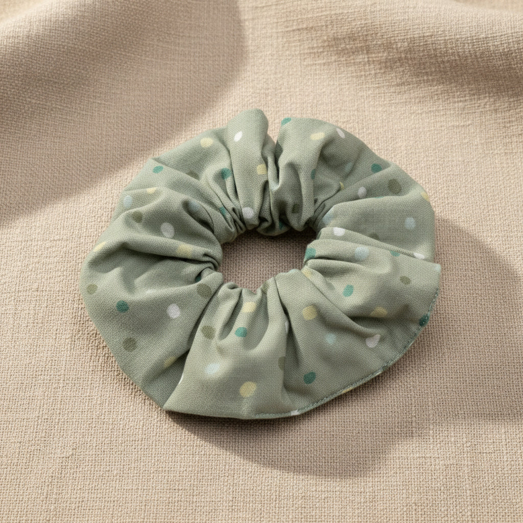 Minted with Dots handmade cotton scrunchie in sage green with multi-colored polka dots