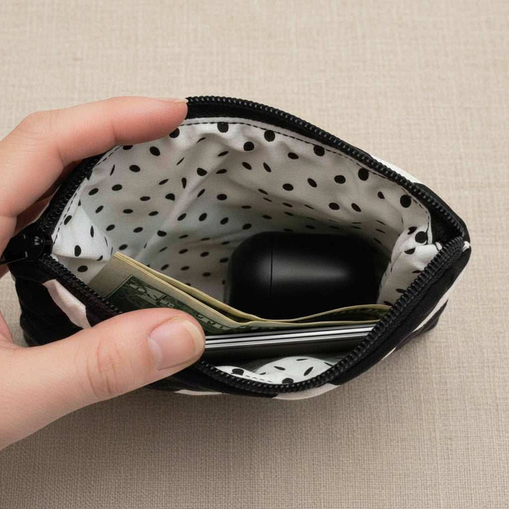 Mini black and white polka dot quilted pouch interior with earbuds and cash