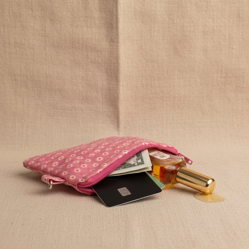 Mini pink polka dot quilted pouch open with cards, cash, and essentials inside