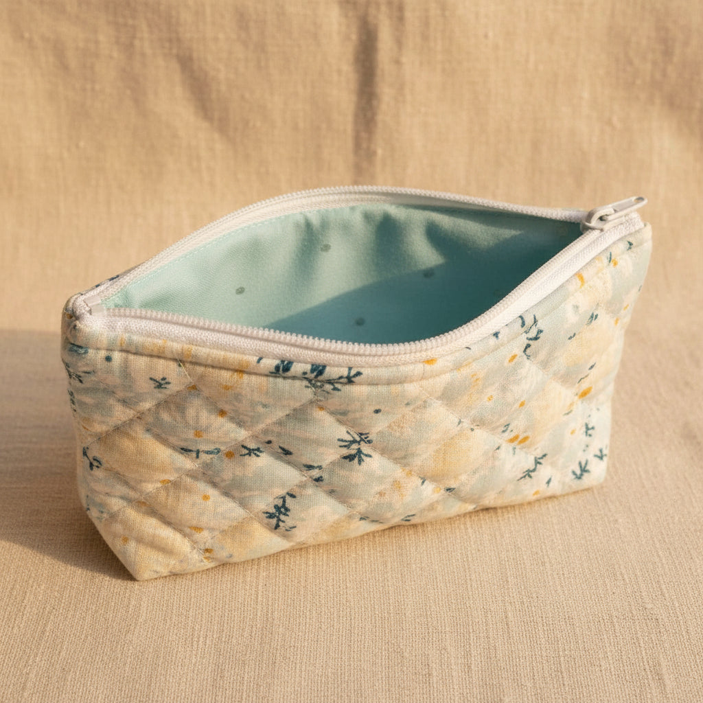 Mint green lining of Mini Daisy quilted cotton pouch