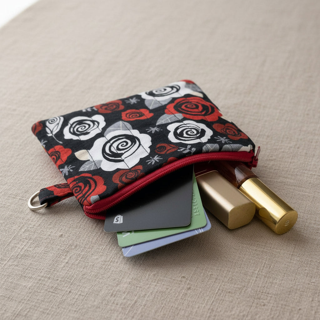 Mini rose pouch holding cards and cosmetics, showing silver key ring attachment