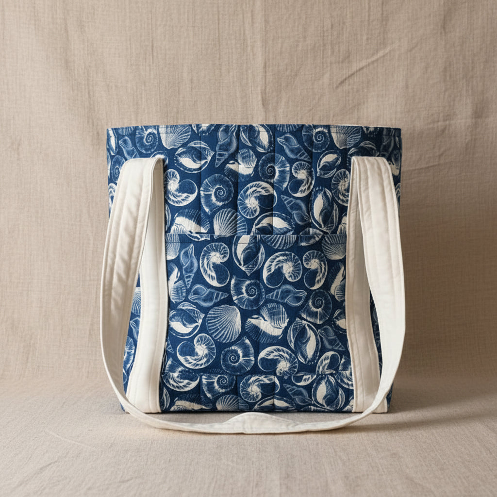 Navy blue hand quilted tote bag with white seashell print and cream handles