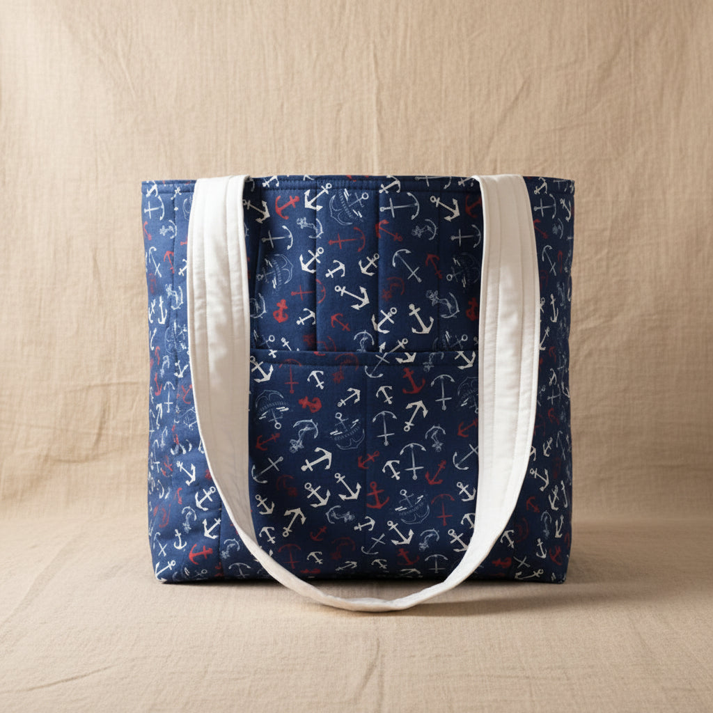 Navy hand-quilted anchor tote bag with white handles and patch pocket