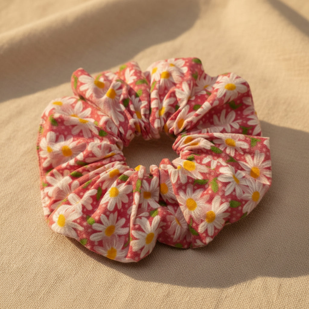Pink daisy print handmade scrunchie with white flowers and green leaves
