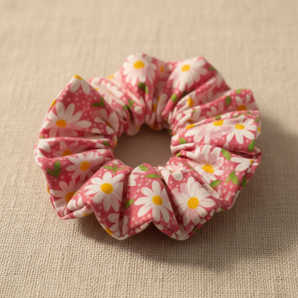 Close-up of pink floral hair tie showing soft gathered fabric texture