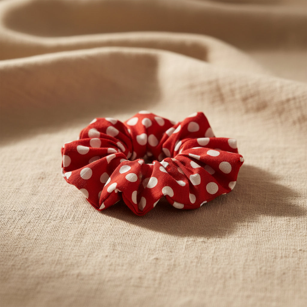 Side view of handmade red and white polka dot fabric hair accessory