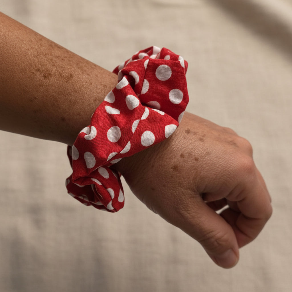 Red and white polka dot scrunchie on wrist showing soft gathered texture