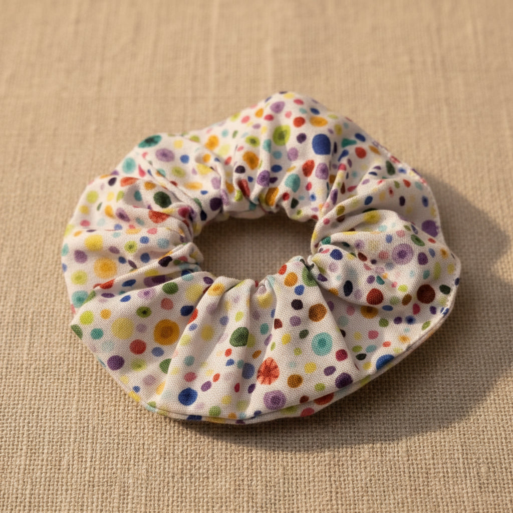 Multicolored polka dot fabric scrunchie flat lay