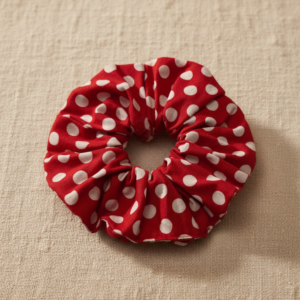 Flat lay of red polka dot hair scrunchie with visible stitching details
