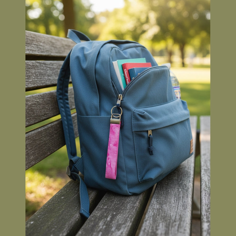 A pink watercolor-patterned fabric strap keychain with a silver metal split ring and silver-toned metal connector attached to the zipper of a backpack