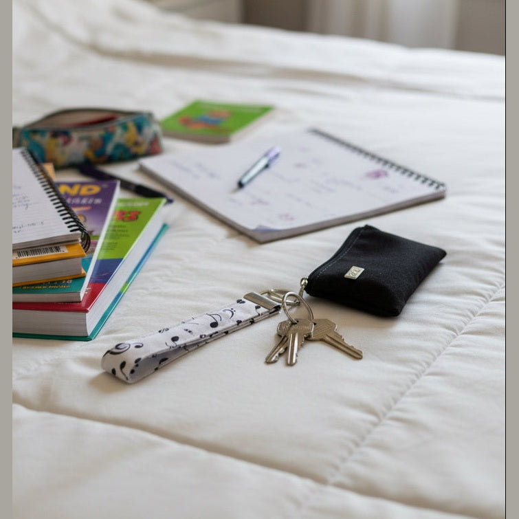 A fabric wristlet keychain with a black musical note pattern on a white background, featuring a silver metal clasp and keyring.