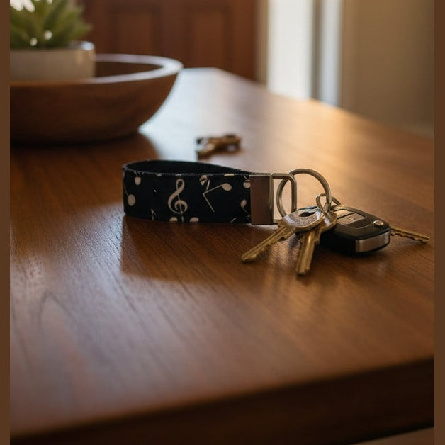 A fabric wrist strap keychain featuring a black background with a white musical note pattern, finished with a silver metal split ring.