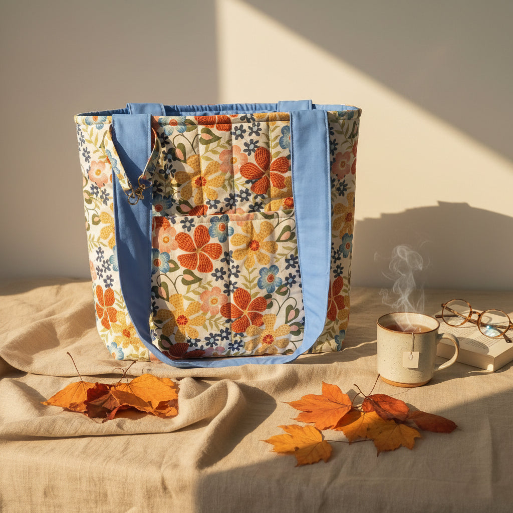 A fabric tote bag with a colorful floral print and solid blue handles, standing on a beige fabric-covered surface