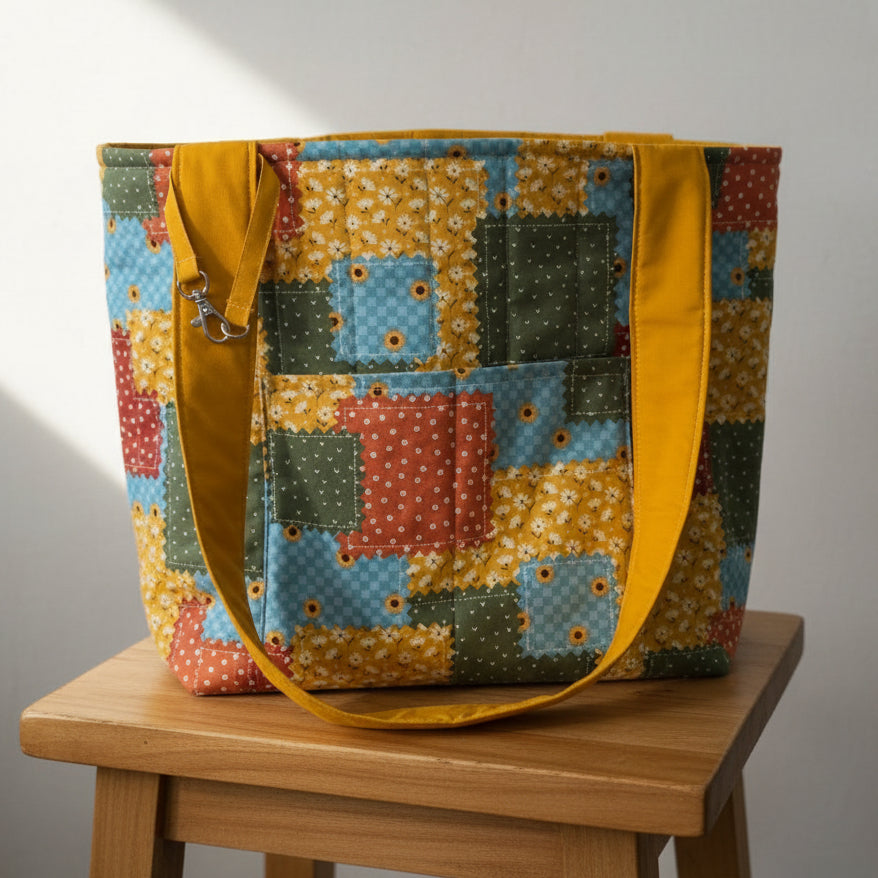 Hand-Quilted Patchwork Tote Bag