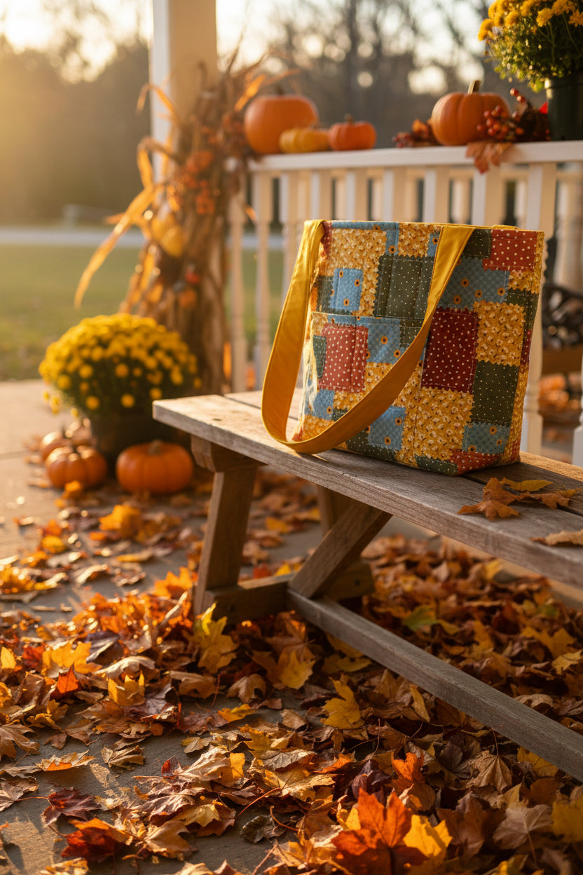 A handmade quilted tote bag with a multicolor patchwork pattern of orange, blue, green, and yellow fabrics, featuring a solid mustard yellow handle and trim, sitting on a beige fabric-covered surface against a plain white wall.