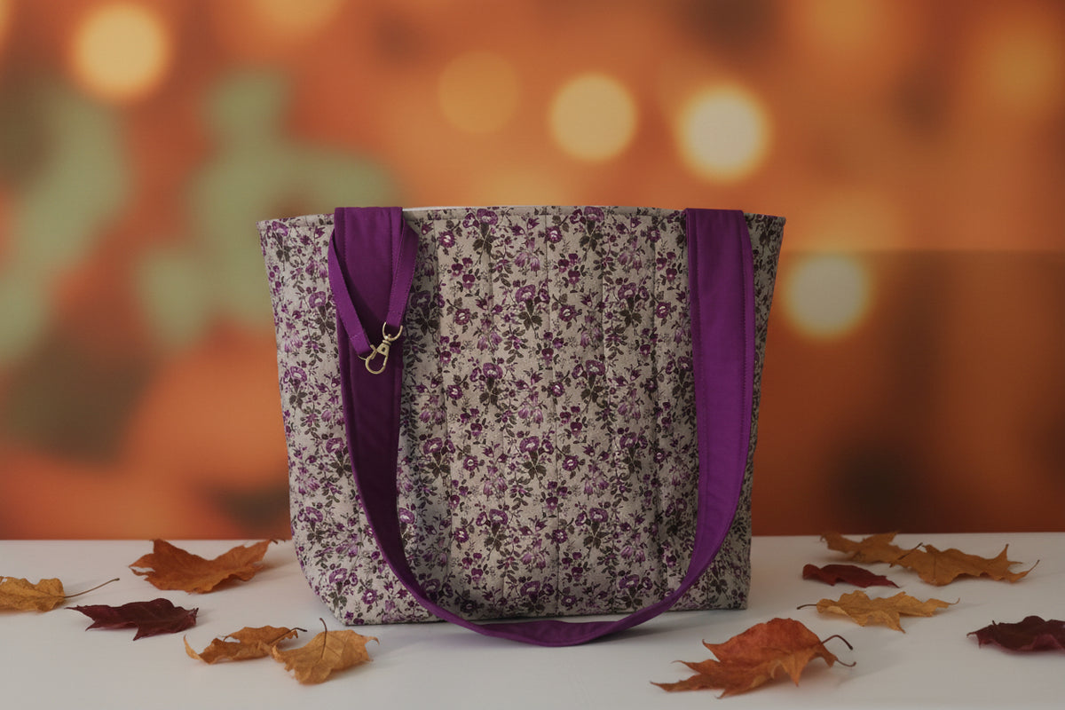 Hand-Quilted Purple Floral Tote Bag