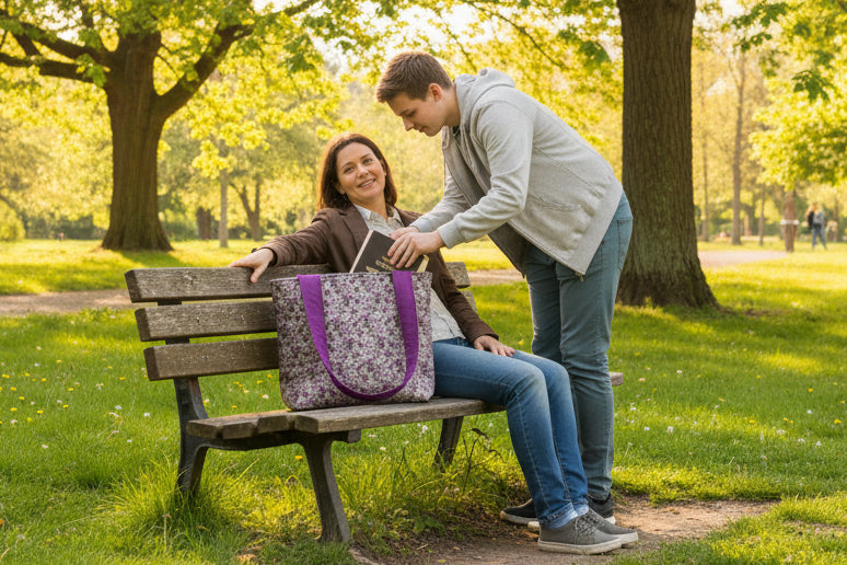 Hand-Quilted Purple Floral Tote Bag