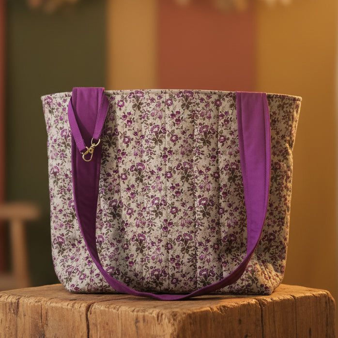 Hand-Quilted Purple Floral Tote Bag