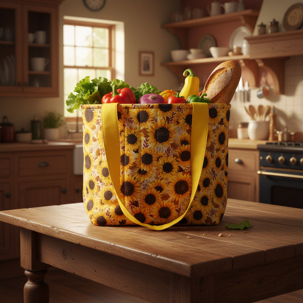 A fabric tote bag with a yellow and black sunflower print, featuring solid yellow straps.