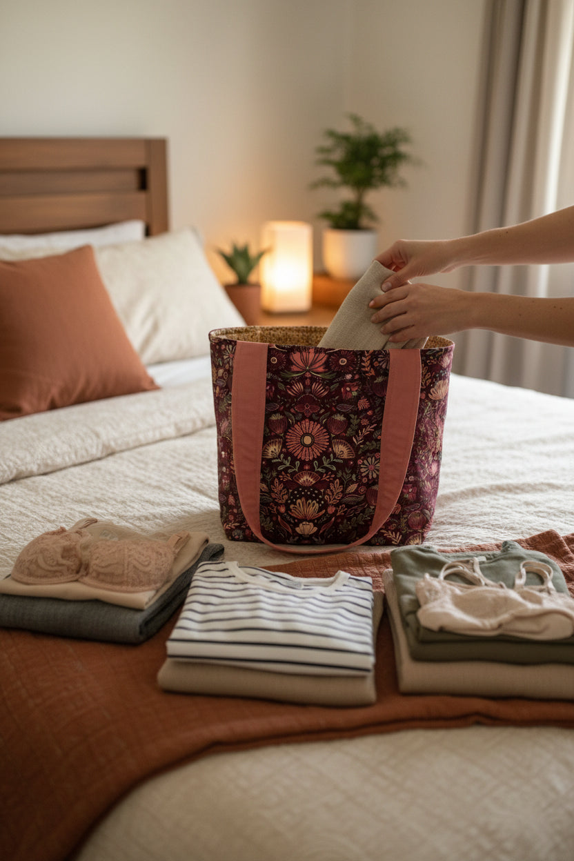 Hand-Quilted Maroon Floral Tote Bag