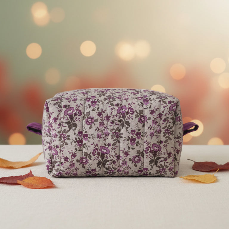Hand-Quilted Purple Floral Makeup Bag