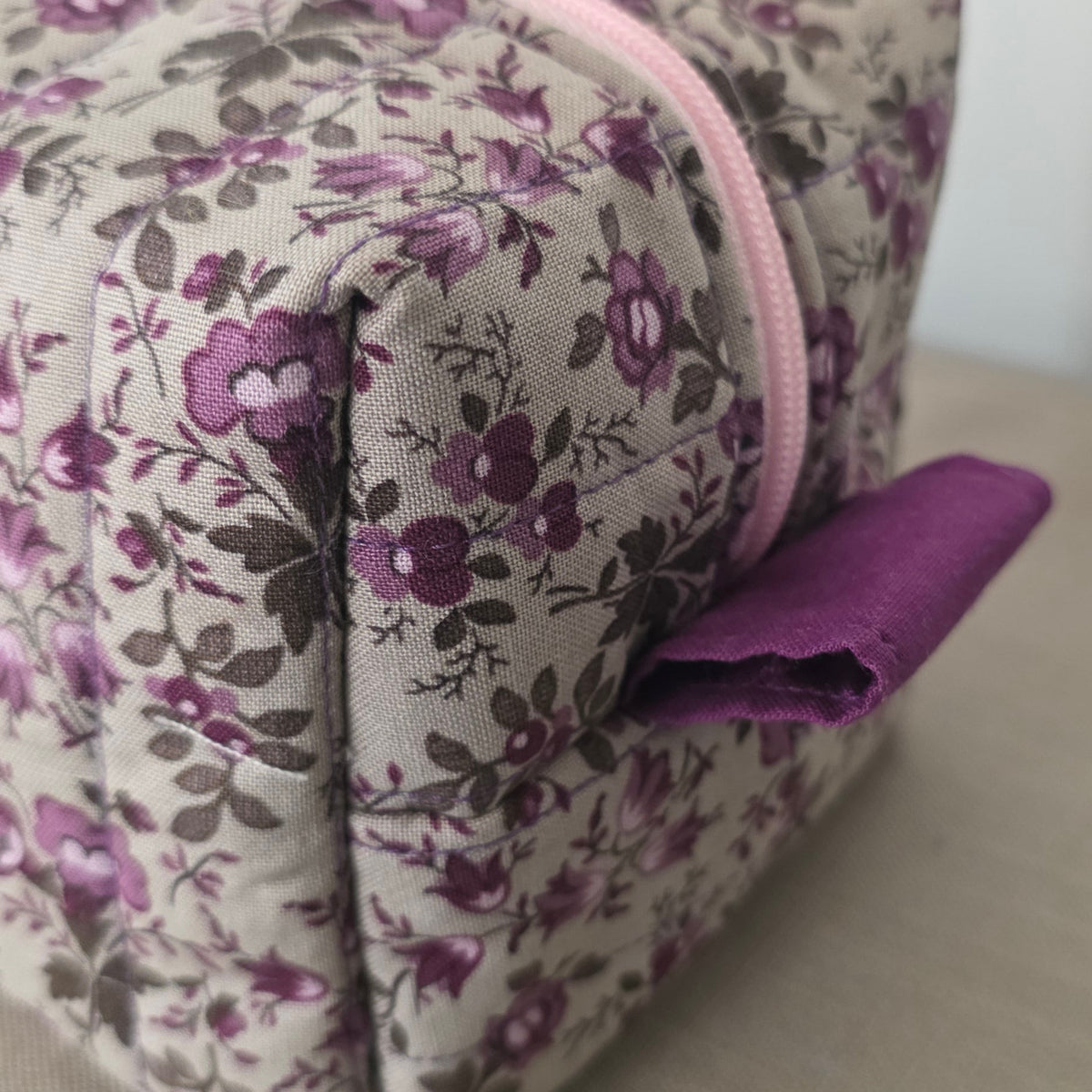 Hand-Quilted Purple Floral Makeup Bag
