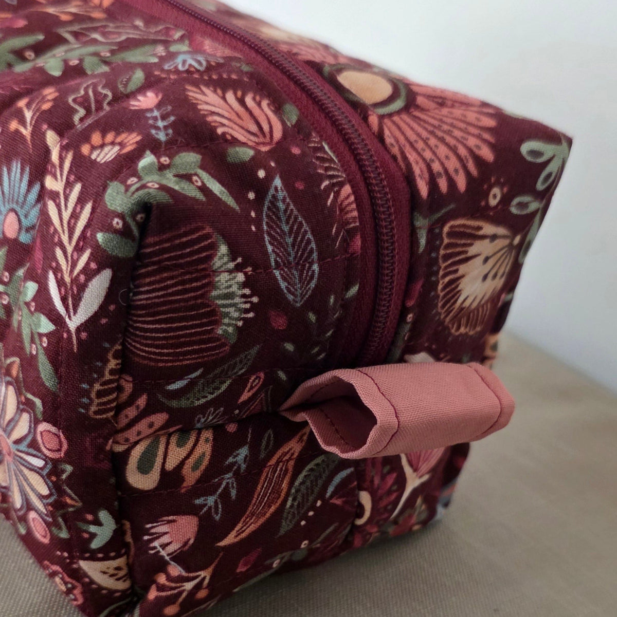 Hand-Quilted Maroon Floral Makeup Bag